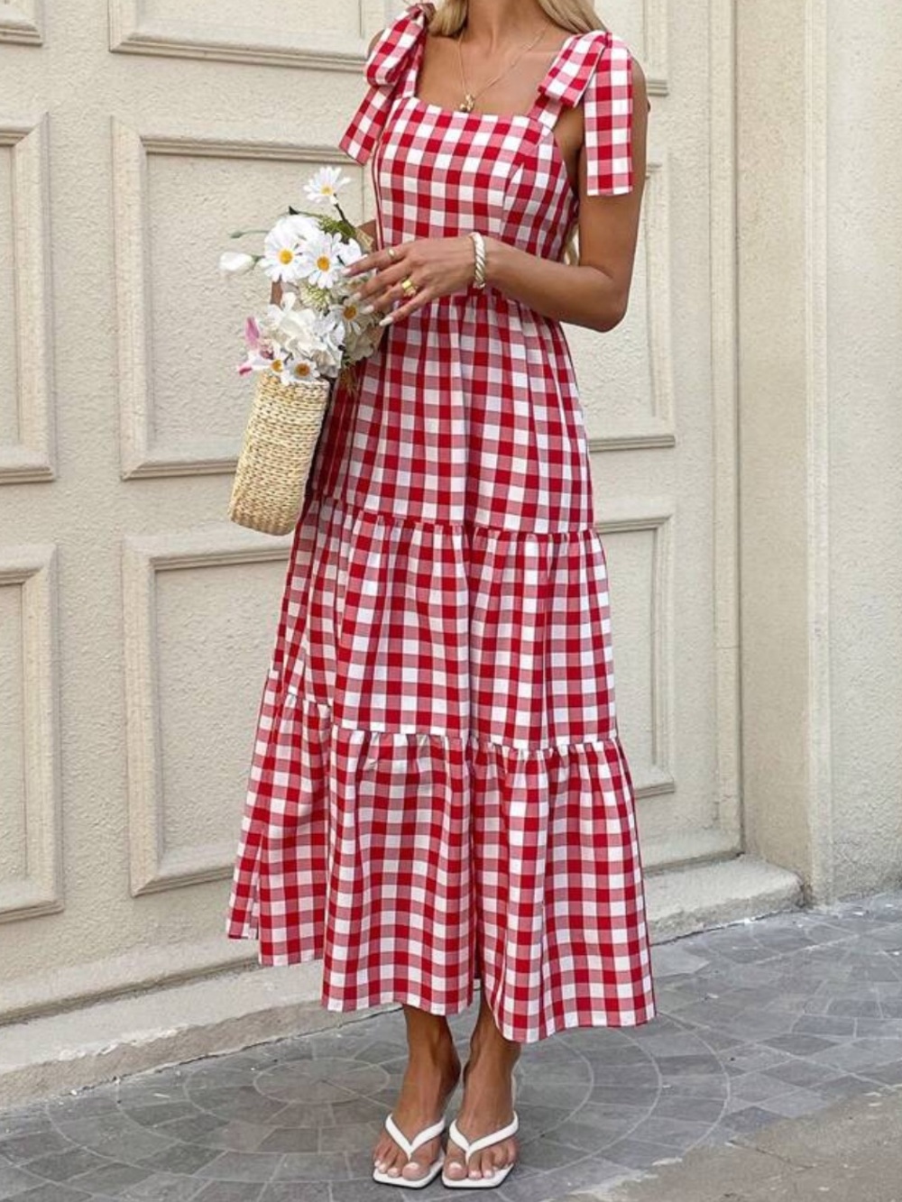 NWOT SIZE M Designer Inspired Red WHITE Gingham Tie-Shoulder Maxi Dress